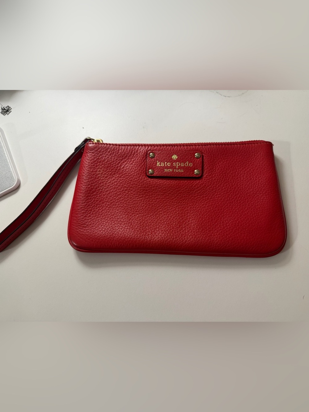 kate spade Red Pebbled Leather Wristlet with Gold Hardware